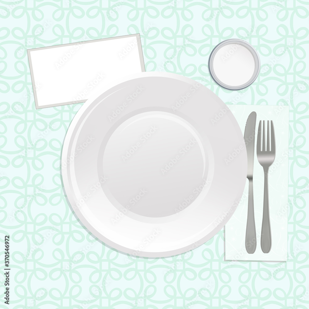 illustration of plate and cutlery on table with tablecloth illustration of plate and cutlery on table with tablecloth