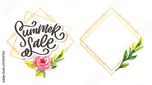 Trendy floral vector template. Summer flowers and Summer sale lettering illustration. Shabby gold texture on striped background.