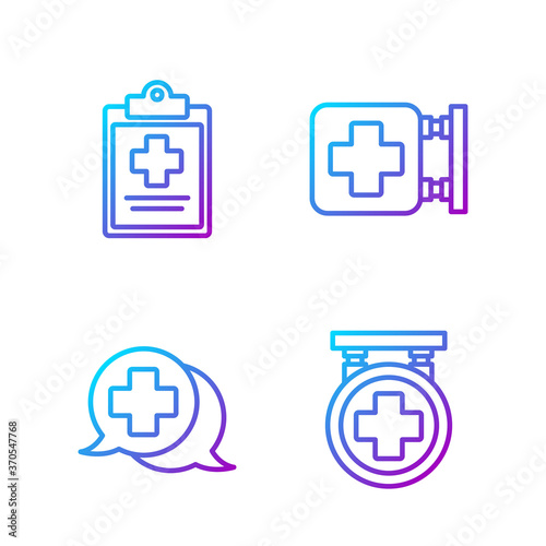 Set line Hospital signboard, Dialogue with the doctor, Medical clipboard with clinical record and Hospital signboard. Gradient color icons. Vector.