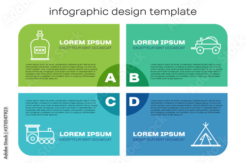 Set line Retro train, Alcohol drink Rum bottle, Indian teepee or wigwam and Wild west covered wagon. Business infographic template. Vector.