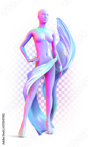 Naked female mannequin in iridescent waving in the wind drapery. Concept for fashion industry, modeling business, couturier, fashion designer. Vector 3d illustration.