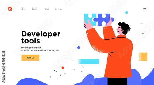 Presentation slide template or landing page website design. Business concept illustrations. Modern flat outline style. Software development tools