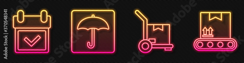 Set line Hand truck and boxes, Calendar with check mark, Umbrella and Conveyor belt with cardboard box. Glowing neon icon. Vector.