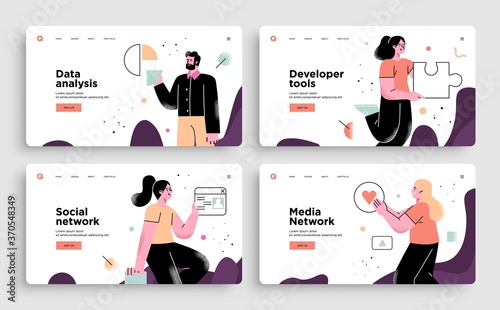 Set of Presentation slide templates or landing page websites design. Business concept illustrations. Modern flat outline style.