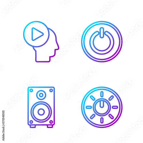 Set line Dial knob level technology settings, Stereo speaker, Head people with play button and Power button. Gradient color icons. Vector.