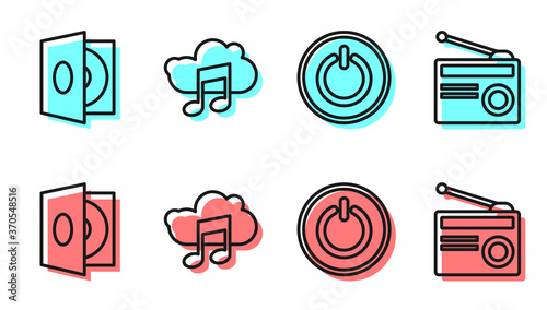 Set line Power button, Vinyl player with a vinyl disk, Music streaming service and Radio with antenna icon. Vector.