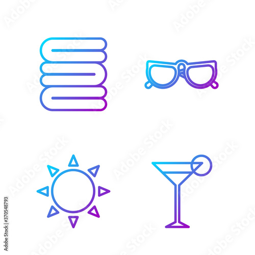 Set line Martini glass, Sun, Towel stack and Glasses. Gradient color icons. Vector.