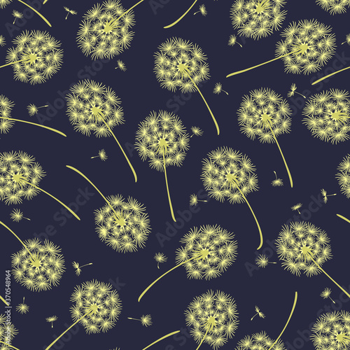 Seamless pattern with large dandelion flowers. Flying flowers  dandelion seeds on a dark blue background. Trendy floral texture. Spring print for fabric  clothing. Dandelion vector illustration