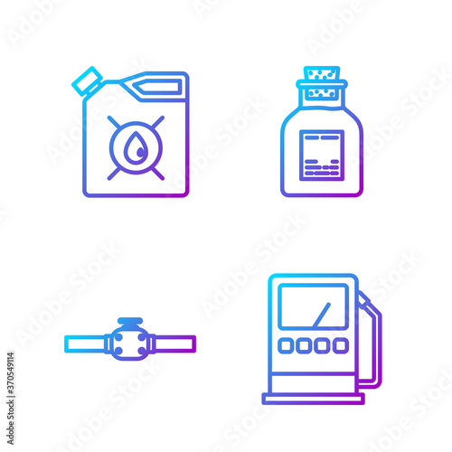 Set line Petrol or gas station, Industry pipes and valve, Canister for motor machine oil and Oil petrol test tube. Gradient color icons. Vector.