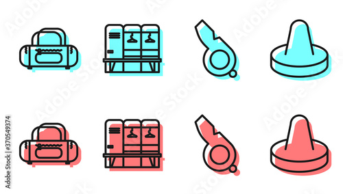 Set line Whistle, Sport bag, Locker or changing room and Mallet for playing air hockey icon. Vector.