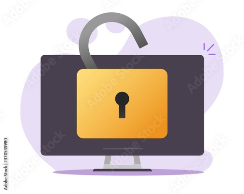 Unlocked desktop computer or pc with open padlock as insecure or theft idea vector flat cartoon icon, illustrated digital security login access or private account opened, internet spyware symbol