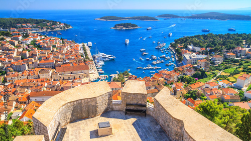Coastal summer landscape - top view of the City Harbour and marina of the town of Hvar from the fortress  on the island of Hvar  the Adriatic coast of Croatia