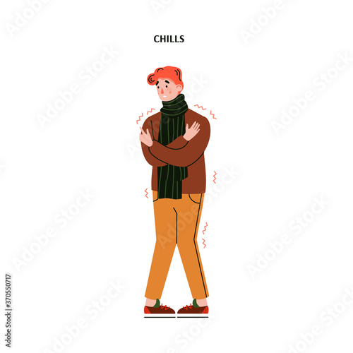 Man cartoon character with cold or flu chills symptom  flat cartoon vector illustration isolated on white background. Unhealthy man suffering from fever and chill.