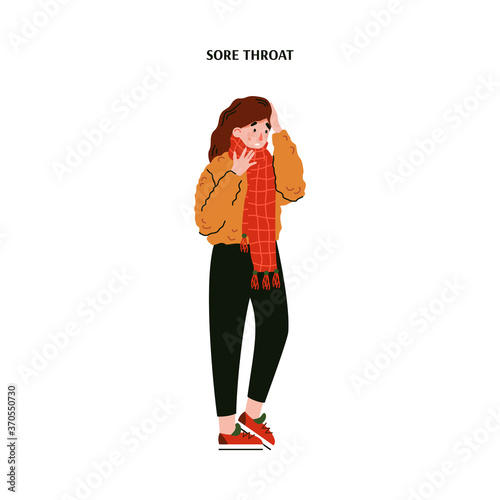 Woman with sore throat wearing a scarf and touching her aching head - cartoon girl with cold illness symptom standing with worried and sad face, isolated vector illustration
