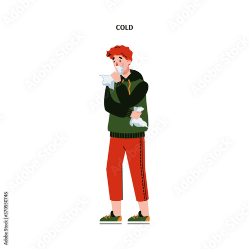 Man with cold or flu virus symptoms blowing his nose on tissue - sick and sad cartoon person standing holding napkins for runny nose. Isolated vector illustration.