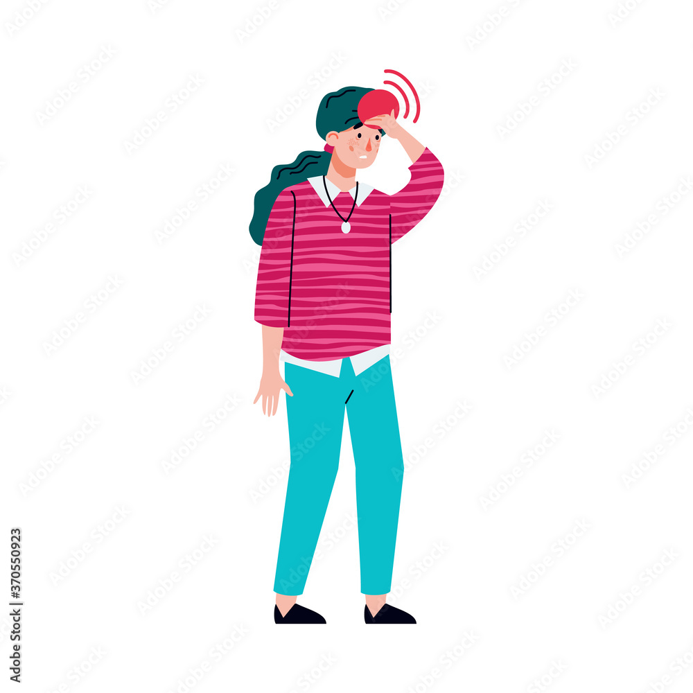 Woman with headache touching her head with worried face. Cartoon person with red pain spot on their forehead standing isolated on white background, vector illustration Woman with headache touching her head with worried face. Cartoon person with red pain spot on their forehead standing isolated on white background, vector illustration