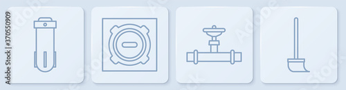 Set line Water filter, Industry pipe and valve, Manhole sewer cover and Mop. White square button. Vector.