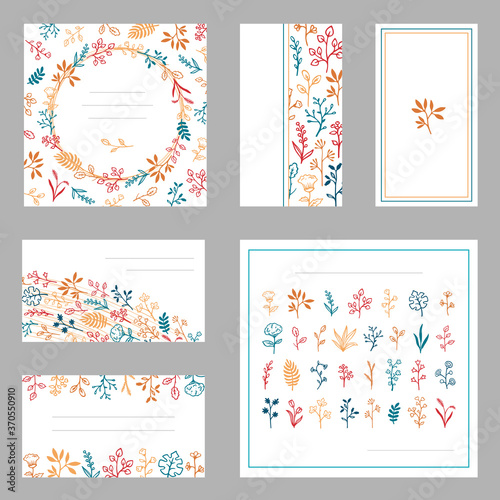 Set of card with flowers, leaves and herbs.Vector decorative greeting card or invitation design background.