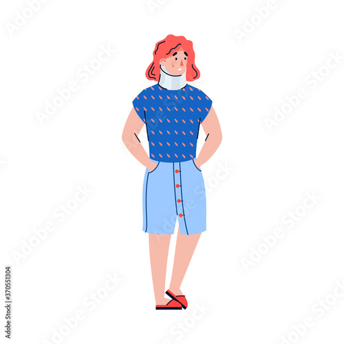 Cartoon character of woman with neck injury, flat vector illustration isolated on white background. Patient character in need of trauma treatment and rehab.