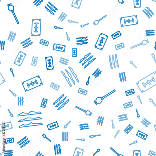 Set line Cocaine or heroin drug, Opium poppy and Blade razor on seamless pattern. Vector.