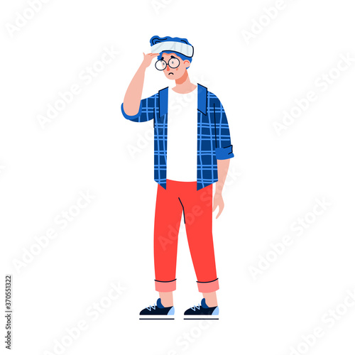 Injured man with bandage on forehead, flat cartoon vector illustration isolated on white background. Patient character for traumatology and rehabilitation clinic.