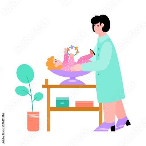 Pediatrist doctor conducting medical examination of newborn child, flat vector illustration isolated on white background. Children healthcare pediatrician clinic.