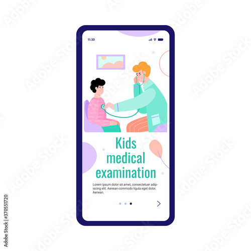 Mobile onboarding page for kids medical examination with cartoon characters of doctor and child, flat vector illustration isolated on white background.