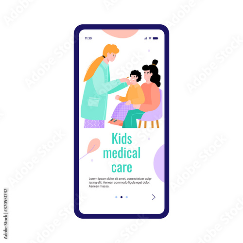 Onboarding page for pediatry and kids medical care with cartoon characters of pediatrist doctor and child, flat vector illustration isolated on white background.