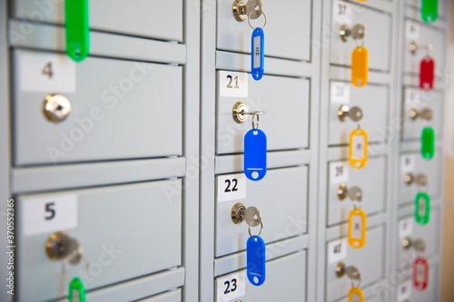 Cabinets in the goods storage office for the general public provide lockers and a secure lock system with number for easy cabinet owners to remember. The concept of protecting assets using lockers photo