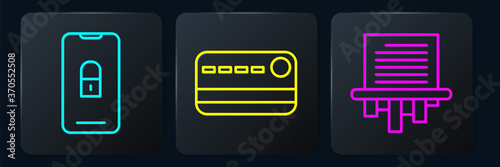 Set line Mobile with closed padlock, Paper shredder and Credit card. Black square button. Vector.
