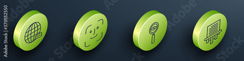 Set Isometric Social network, Face recognition, Magnifying glass Search and Paper shredder icon. Vector.