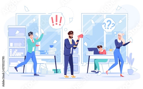 Angry boss shouting at employee team running in panic at workplace. Chaos in busy messy office. Businessman in stress. Failure deadline due to procrastination. Furious management workday