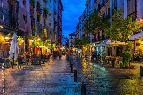 Old street in Madrid, Spain. Architecture and landmark of Madrid. Night cityscape of Madrid.