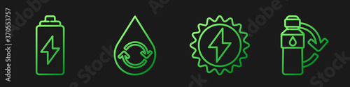 Set line Solar energy panel, Battery, Recycle clean aqua and Recycling plastic bottle. Gradient color icons. Vector.