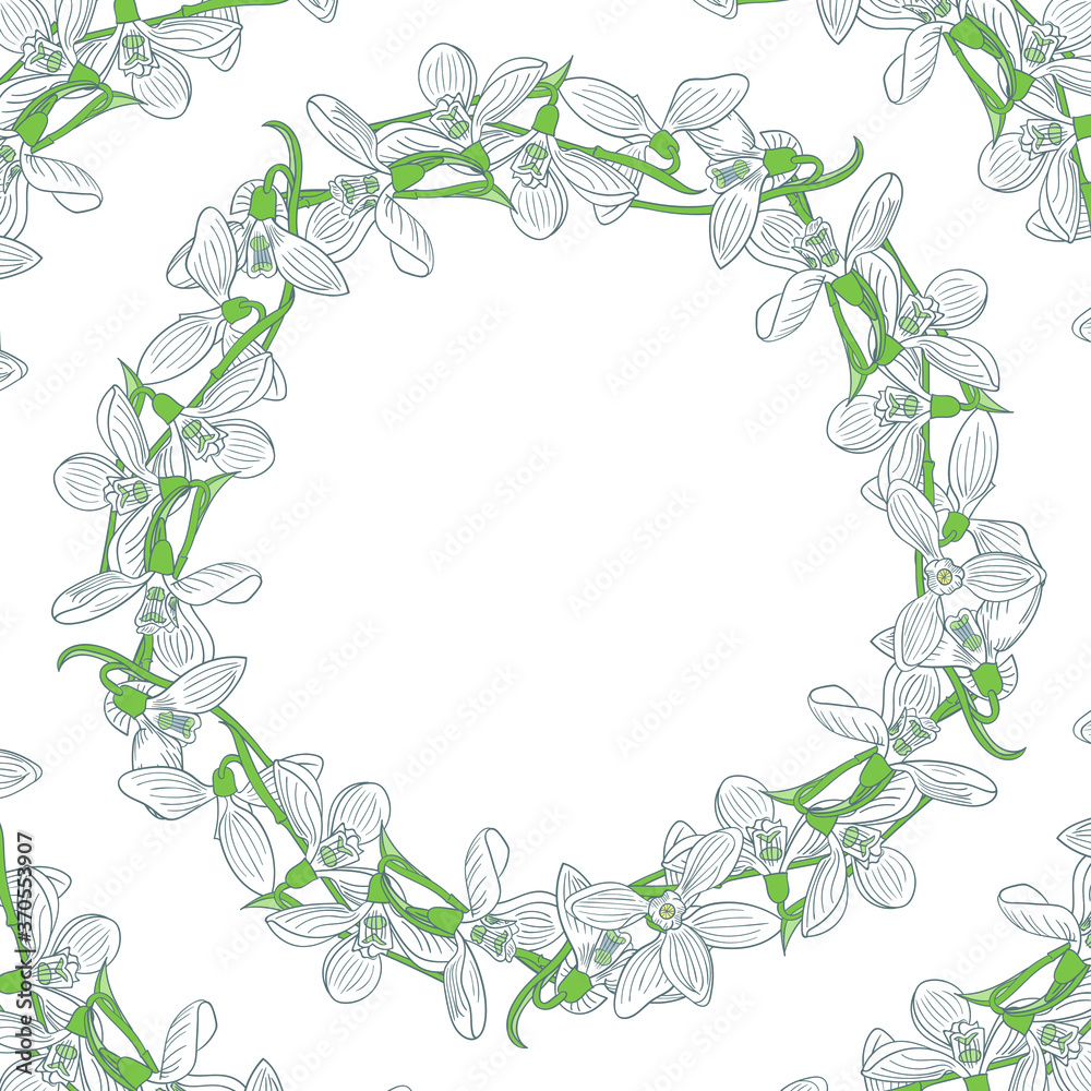 Snowdrops in a circle frame, empty space for text  on a white background, vector illustration