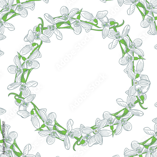 Snowdrops in a circle frame  empty space for text  on a white background  vector illustration