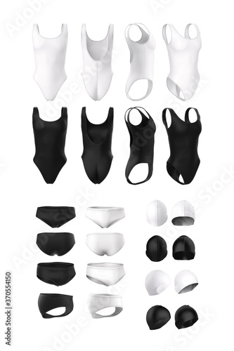 Women's closed swimsuit, men's short swimming trunks, rubber swimming cap. Set of black and white 3d realistic illustration of the template, mock up sportswear isolated on a white background.