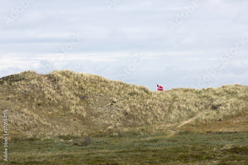 Dänische Flagge hinter einer Nordsee-Dühne