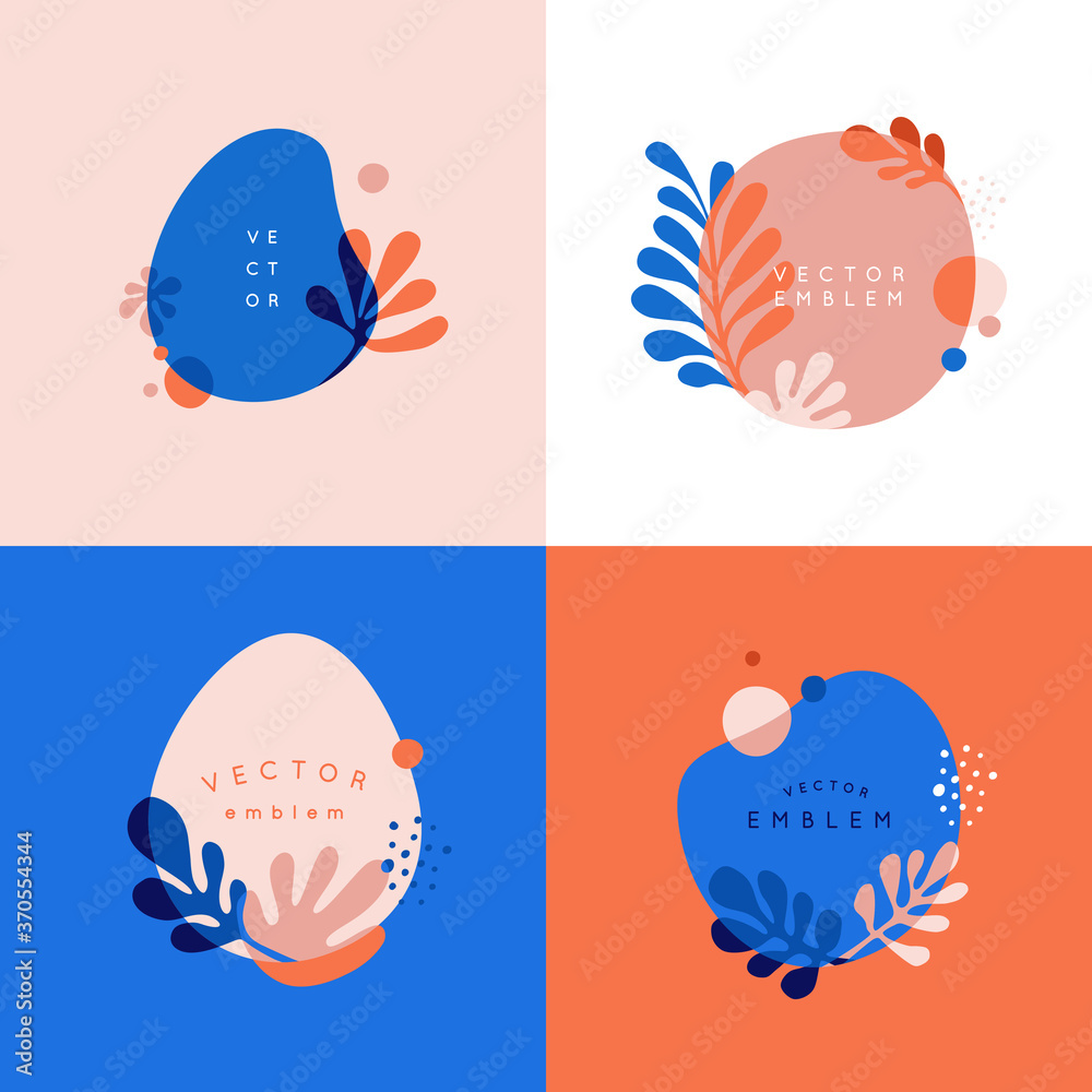 Vector set of abstract floral backgrounds with copy space for text in red and blue colors with effect of overprinting. Templates with leaves and plants for posters, social media posts wallpapers Vector set of abstract floral backgrounds with copy space for text in red and blue colors with effect of overprinting. Templates with leaves and plants for posters, social media posts wallpapers