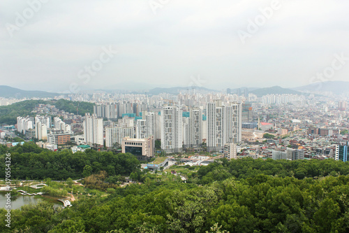 SEOUL, SOUTH KOREA ; Aerial view of Seoul, houses and forest view.