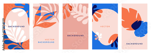 Vector set of abstract floral backgrounds with copy space for text in red and blue colors with effect of overprinting. Templates with leaves and plants for posters, social media stories wallpapers 