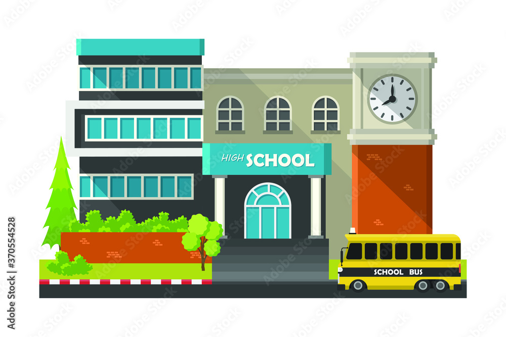 School in flat style isolated on white background, Education buildings concept.