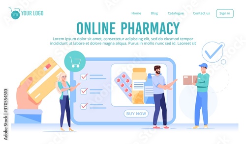 Online drugstore pharmacy service landing page. E-order, wireless cashless payment, fast home delivery service. Man woman doing medical prescription purchase. Courier delivering pills package