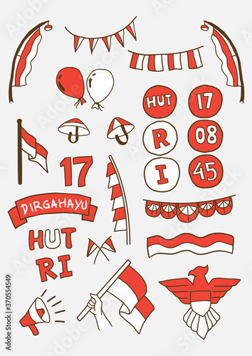 Handdraw Happy indonesia independence day doodle set. vector illustration