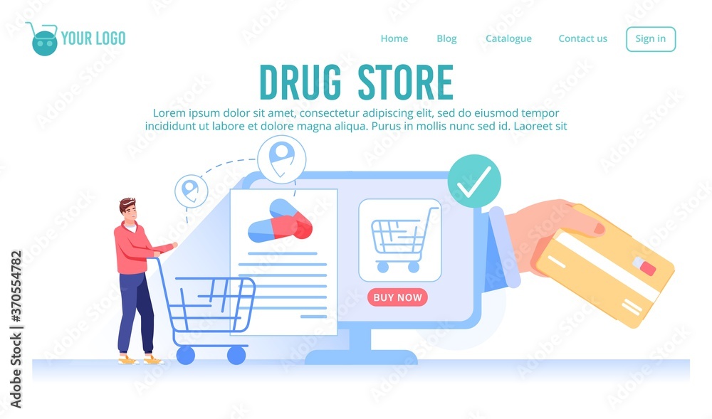 Online drugstore service for shopping. Man customer order remedy pills, buy medicaments and drugs on internet, use contactless virtual payment. Healthcare eE-commerce landing page design