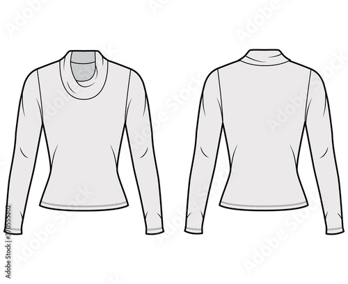 Cowl turtleneck jersey sweater technical fashion illustration with long sleeves, close-fitting shape. Flat outwear apparel template front, back grey color. Women, men, unisex shirt top CAD mockup