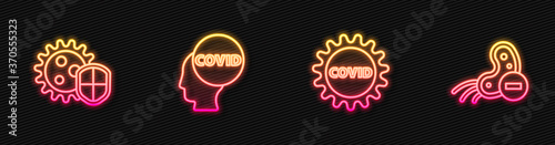 Set line Corona virus covid-19, Shield protecting from, and Negative. Glowing neon icon. Vector.