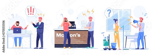 Evil boss chief yelling at confused subordinate set. Aggressive shouting top manager scolding employee, office cleaner, courier. Business conflict, misunderstanding, procrastination, pronunciation