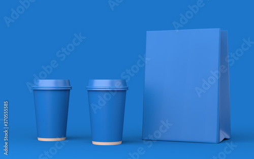Two disposable plastic cups and paper bag standing in a row. Mockup for your design. 3d illustration rendering. 