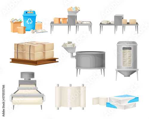 Recycling of Paper with Piles of Waste Paper Turning into Slurry, Cleaning and Making New Product Vector Set